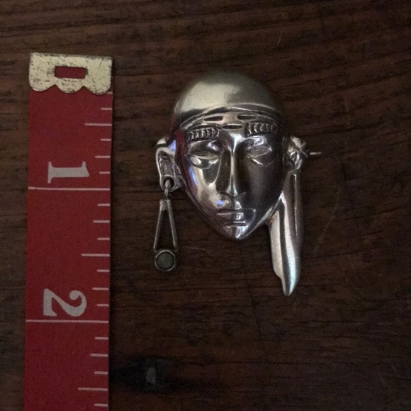 Vintage Native American Mask Brooch Green Turquoise Mexico Sterling Silver - Picture 5 of 6